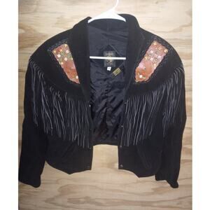 Women's VTG Suede Leather Black Fringe Chasser Native American Jacket Medium